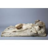 Henri Weigele (1858 - 1927), carved white marble sculpture, naked woman laying in the grass,