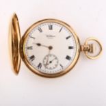 WALTHAM - a 9ct gold full hunter keyless pocket watch, white enamel dial with Roman numeral hour