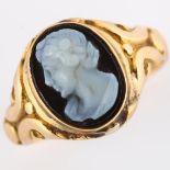 A 19th century 15ct gold sardonyx cameo ring, relief carved hardstone panel depicting female