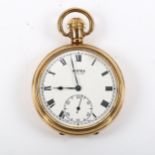 VERTEX - a gold plated open-face keyless pocket watch, white enamel dial with Roman numeral hour