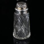 An Edwardian silver-mounted glass sugar caster, with relief embossed floral decoration, indistinct