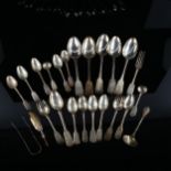 Various silver cutlery and flatware, including Fiddle pattern tablespoons, sifter spoon, sugar tongs
