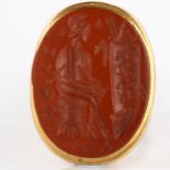 An Ancient Roman red jasper ring stone, possibly depicting Minerva with scroll of text, intaglio