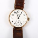 J W BENSON - an early 20th century 9ct gold Officer's mechanical wristwatch, white enamel dial