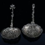 2 Continental silver strainer spoons, with import hallmarks, largest length 20cm, 4.3oz total (2) No