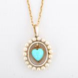 An Edwardian turquoise and pearl heart openwork pendant necklace, unmarked gold settings with