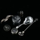 Various silver, including shovel caddy spoon, unmarked seagull brooch, miniature pepperette etc