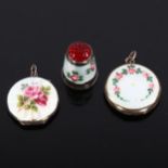 3 pieces of Danish silver and enamel jewellery, including photo locket pendants and thimble, largest
