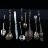 Various English and Continental silver flatware, including American floral spoon, mother-of-pearl