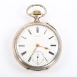 LONGINES - a Continental silver open-face keyless pocket watch, white enamel dial with Roman numeral