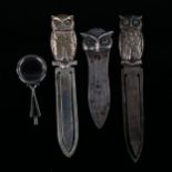 3 Danish novelty silver owl bookmarks, and a miniature silver magnifying glass pendant, largest