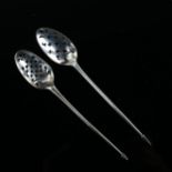 2 x 18th century silver Mote spoons, pierced bowls with pointed arrowhead terminals, maker's marks