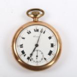 TAVANNES - a gold plated open-face keyless pocket watch, white enamel dial with Roman numeral hour