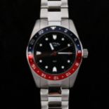 ROTARY - a stainless steel GMT quartz bracelet watch, black dial with blue and red bezel, sweep