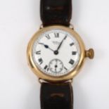 WALTHAM - an early 20th century 9ct gold Officer's style wristwatch, white enamel dial with Roman