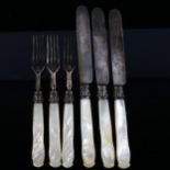 A group of Victorian silver-bladed mother-of-pearl handled dessert cutlery for 3 people, maker's