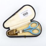 A leather-cased 2-piece silver and blue enamel sewing set, comprising scissors and thimble, size