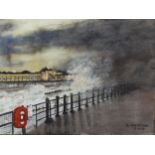 Leighton Goobie, watercolour, storm swept pier, 29cm x 38cm, framed Good condition