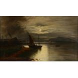 George Cole RA, oil on canvas, unloading a ketch by moonlight, signed, 30cm x 50cm, framed Good