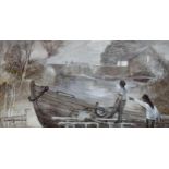 Ernest Greenwood, watercolour, canal lock scene, signed, 18cm x 33cm, framed Good condition