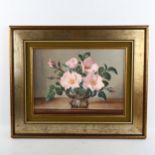 James Noble, oil on board, still life roses, signed with Stacy-Marks label verso, 30cm x 40cm,