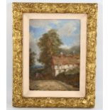 19th century oil on board, cart on a rural track, unsigned, 24cm x 17cm, framed Good condition