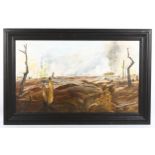 G R Thompson, oil on canvas, First World War trench battle scene, signed and dated 1986, 45cm x