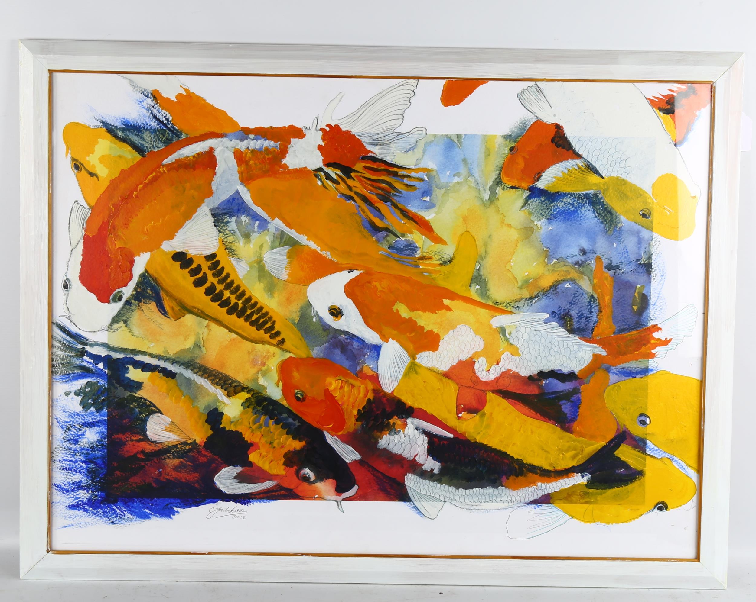 Clive Fredriksson, acrylic/pencil, Koi carp, framed, overall frame dimensions 65cm x 87cm Good