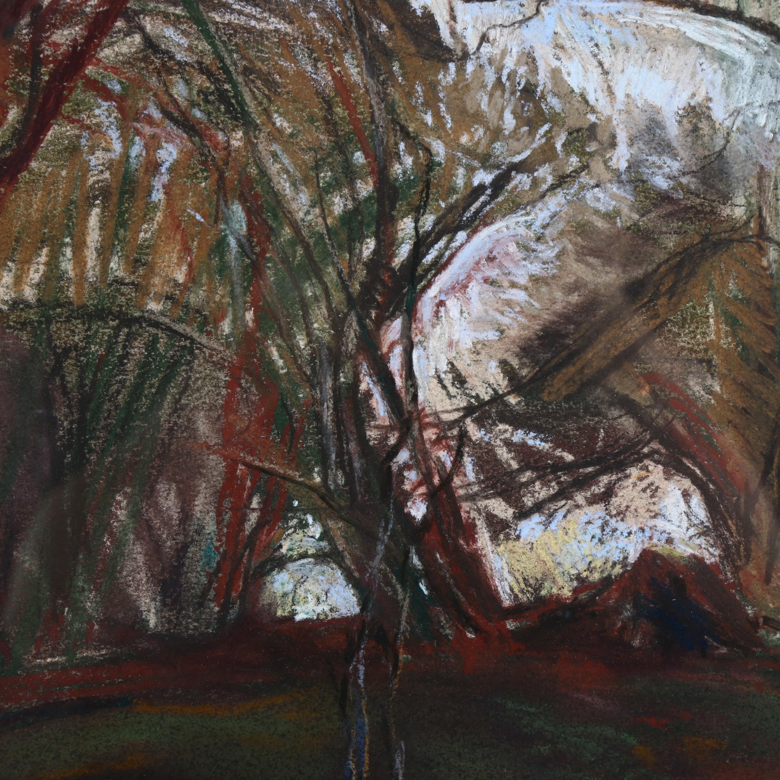 Mary Shields, coloured pastels, looking into the wood, artist's label verso, 74cm x 56cm, framed - Image 4 of 4