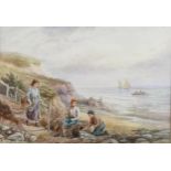 Watercolour, circa 1900, children at the shore, signed with monogram, 25cm x 34cm, framed Image is