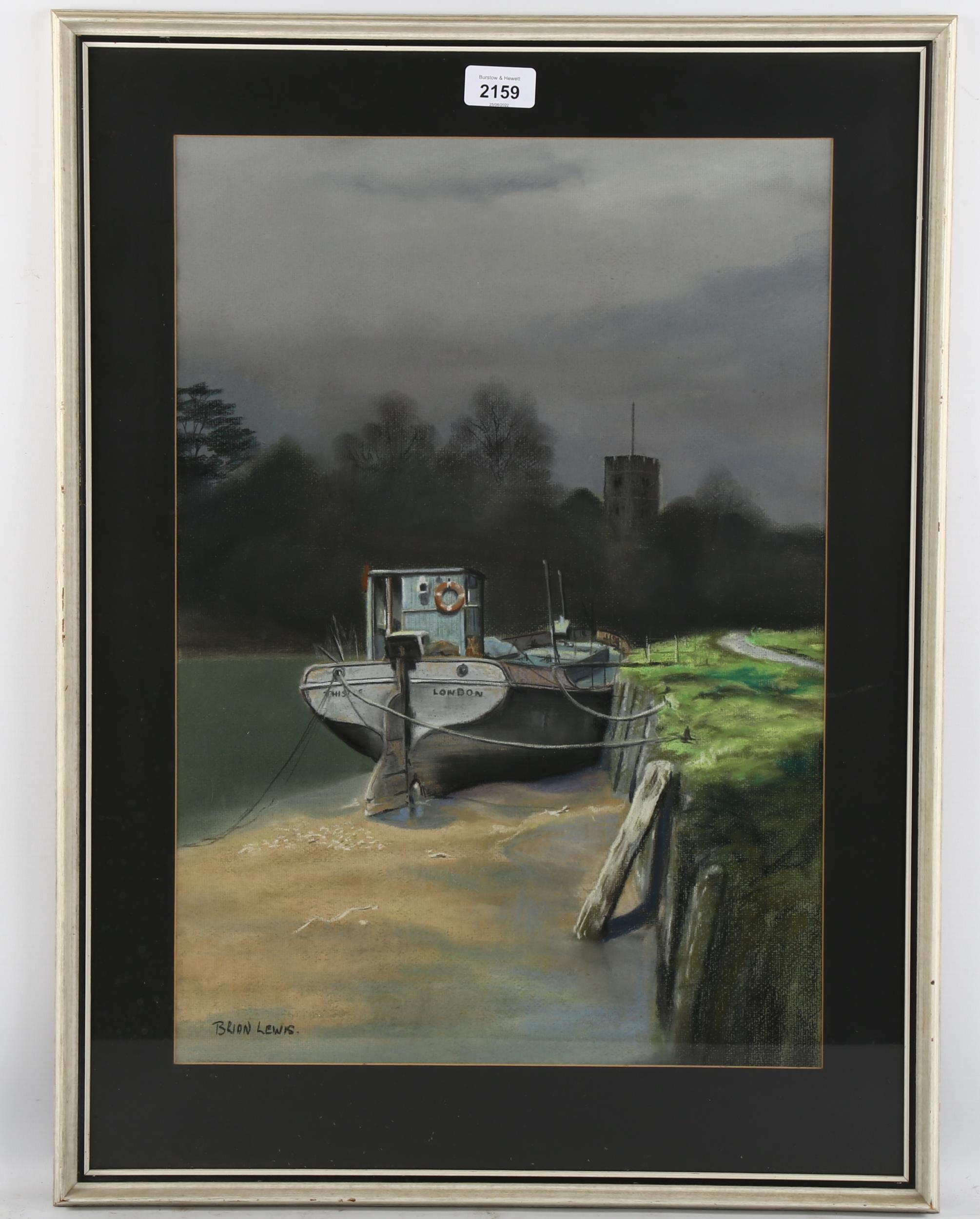 Brian Lewis, coloured pastels, moored barge, 50cm x 35cm, framed Good condition