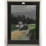 Brian Lewis, coloured pastels, moored barge, 50cm x 35cm, framed Good condition