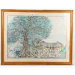 Hassan Bangarah, ink/watercolour, town scene, signed and dated 1980, 43cm x 60cm, framed Good