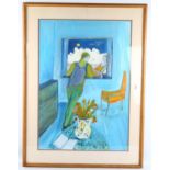 Julia Roddy (Irish), gouache, figure at a window, signed with monogram, 73cm x 50cm, framed Good