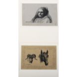 2 x 19th century etchings after Rembrandt, 7.5cm x 11.5cm, mounted Good condition
