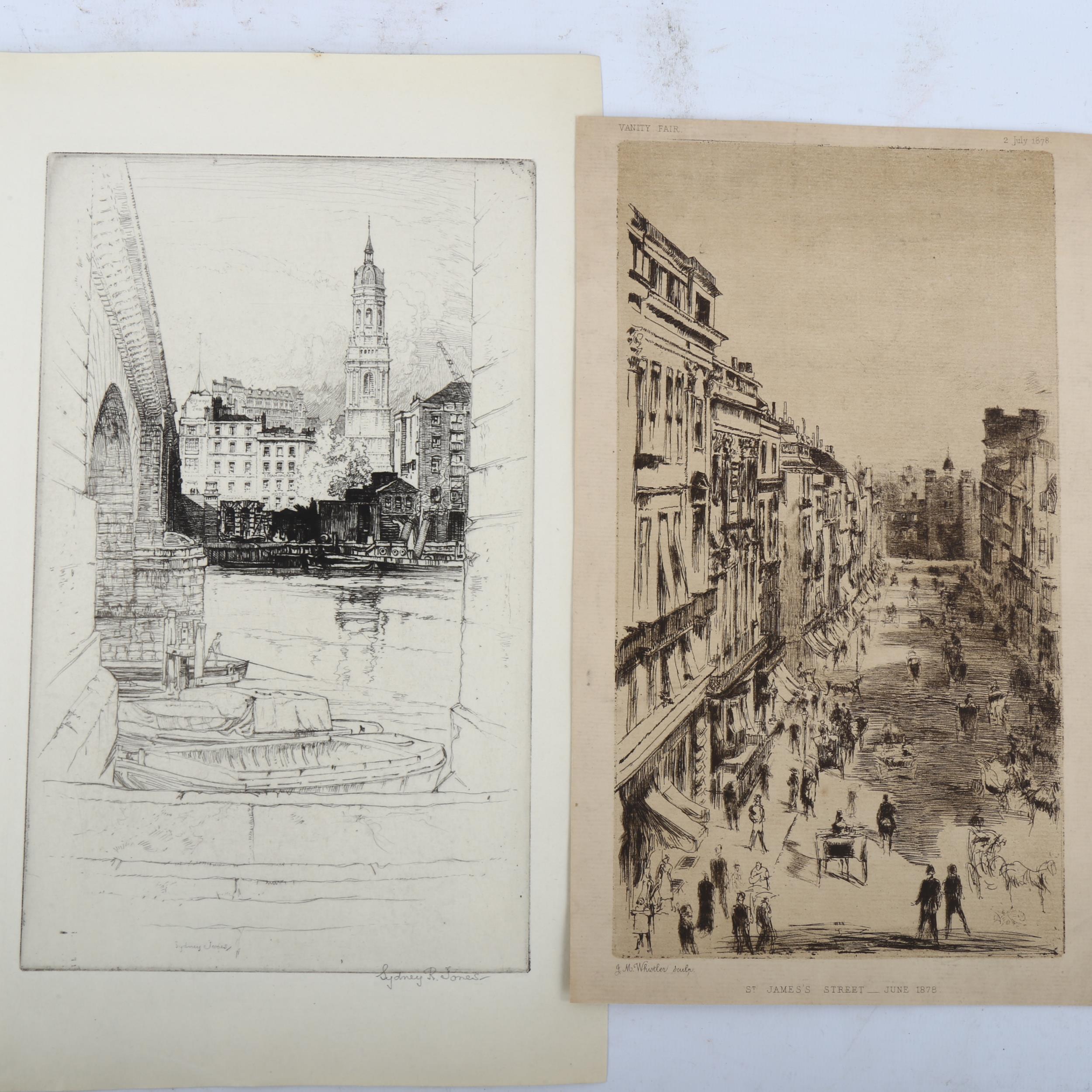 James Whistler, 2 etchings, St James's Street 1879, and London river view, signed by Sydney Jones,