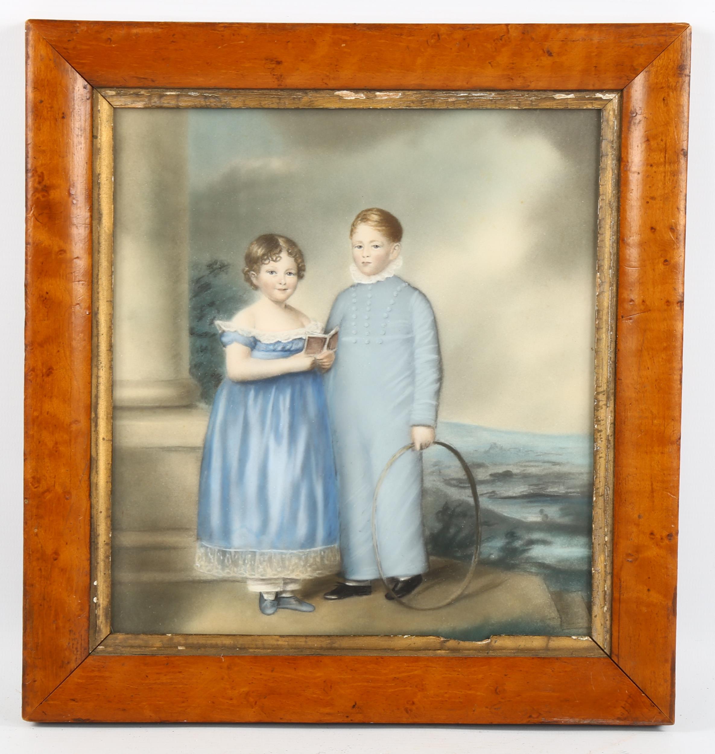 19th century coloured pastels, portrait of 2 children, unsigned, 23cm x 21cm, framed Good condition,