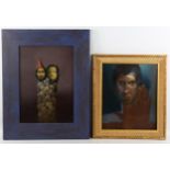 2 contemporary oils on board, surrealist portraits, unsigned, 30cm x 25cm, framed (2) Good condition