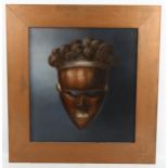 Contemporary oil on board, African mask, unsigned, overall frame dimensions 53cm x 50cm