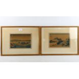 A pair of Japanese woodblock prints, circa 1900, text inscriptions, 15cm x 23cm, framed General
