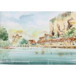 Jean Claude Malandain, watercolour, Continental lake scene, 14cm x 20cm, framed