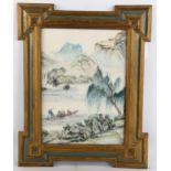 Chinese watercolour on silk, river landscape, gilt-framed, overall frame dimensions 46cm x 36cm Good