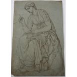 Pre-Raphaelite School, pen and ink on grey paper, seated Classical figure with further studies