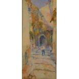 Marius Robert, watercolour, street scene, signed, 40cm x 17cm, framed Slight paper discolouration,