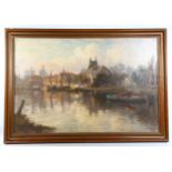 Early 20th century oil on canvas, riverside village, unsigned, 70cm x 104cm, framed Good