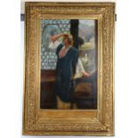 19th century oil on canvas, pre-Raphaelite style portrait of a woman by a window, unsigned, 80cm x