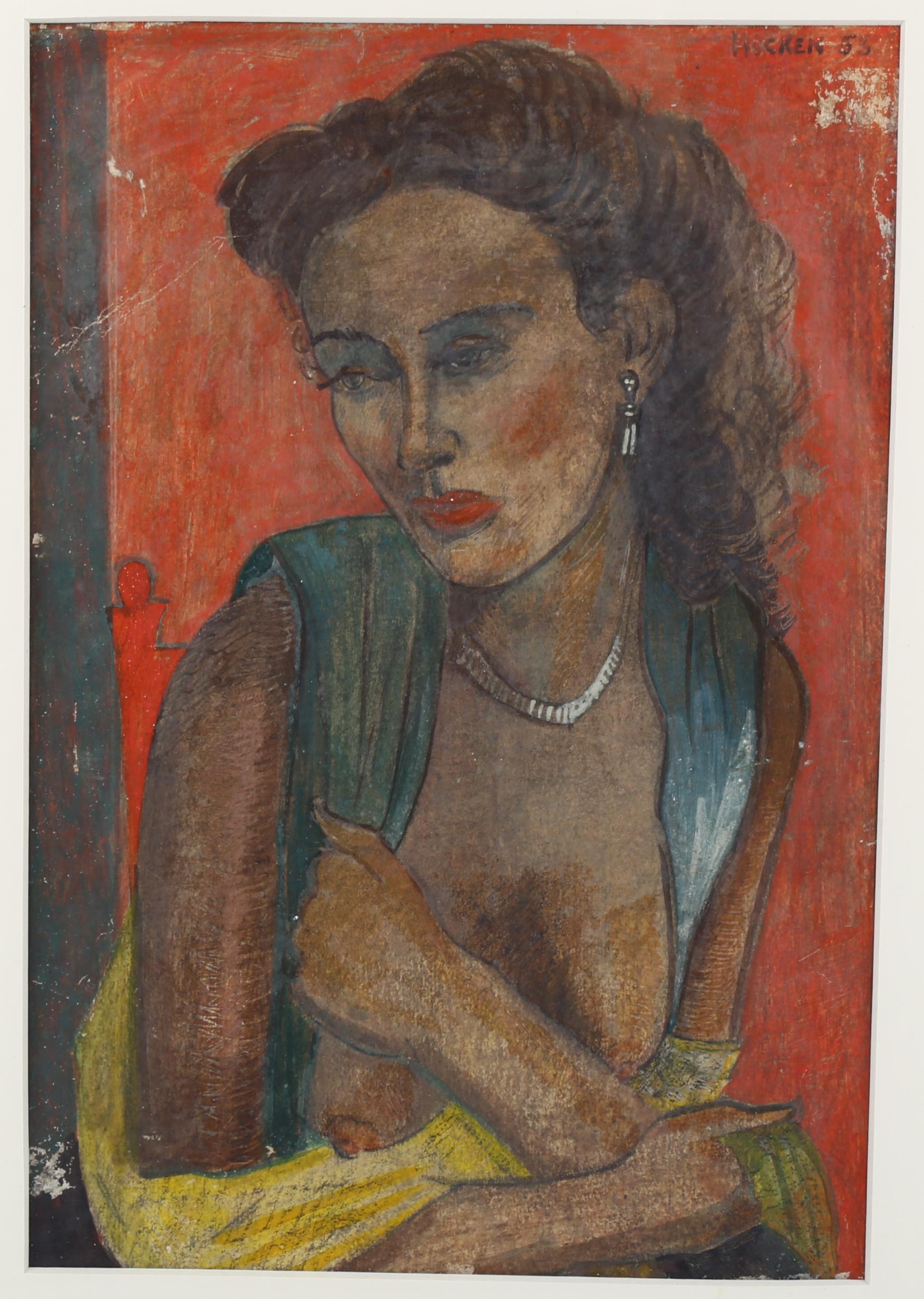 Grace Marion Hocken (1923-1987), coloured pastels on paper, Woman In Green, signed and dated ’53,