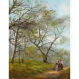 Contemporary oil on board, horse-drawn cart on a woodland road, indistinctly signed, 37cm x 30cm,