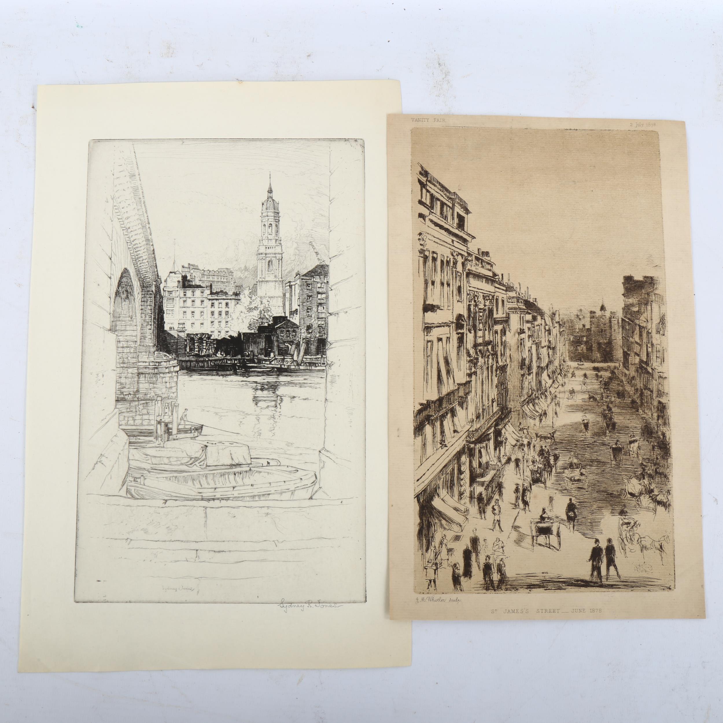 James Whistler, 2 etchings, St James's Street 1879, and London river view, signed by Sydney Jones, - Image 2 of 4