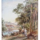 Circle of Myles Birket Foster, watercolour, a stroll beside the river, signed with monogram, 13cm
